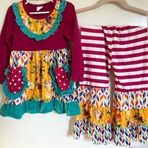 Children’s Boutique Printed Matching Set Size 4t Burgundy Striped Outfit